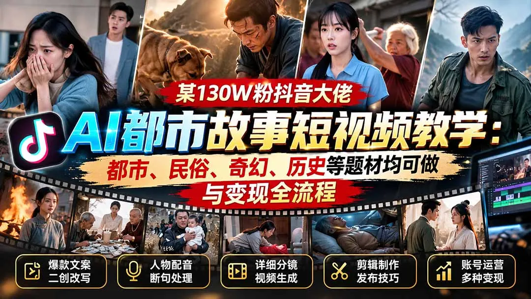 某130W粉抖音大佬AI都市故事短视频教学：都市、民俗、奇幻、历史等题材均可做与变现全流程-续财库