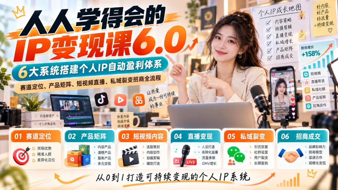 人人学得会的IP变现课6.0,6大系统搭建个人IP自动盈利体系,赛道定位、产品矩阵、短视频直播、私域裂变招商全流程-续财库