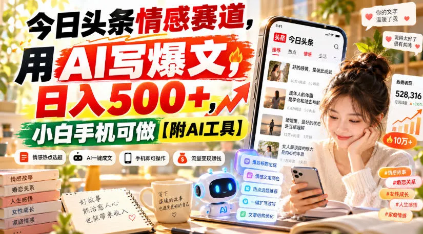 今日头条情感赛道，用AI写爆文，日入500+，小白手机可做【附AI工具】-续财库
