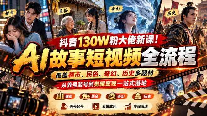 抖音130W粉大佬新课!AI故事短视频全流程,覆盖都市、民俗、奇幻、历史多题材,从养号起号到剪辑变现一站式落地-续财库