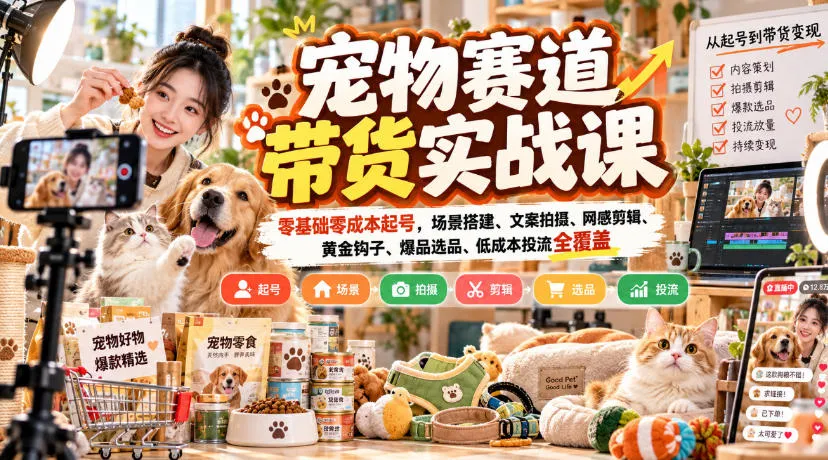 宠物赛道带货实战课，零基础零成本起号，场景搭建、文案拍摄、网感剪辑、黄金钩子、爆品选品、低成本投流全覆盖-续财库