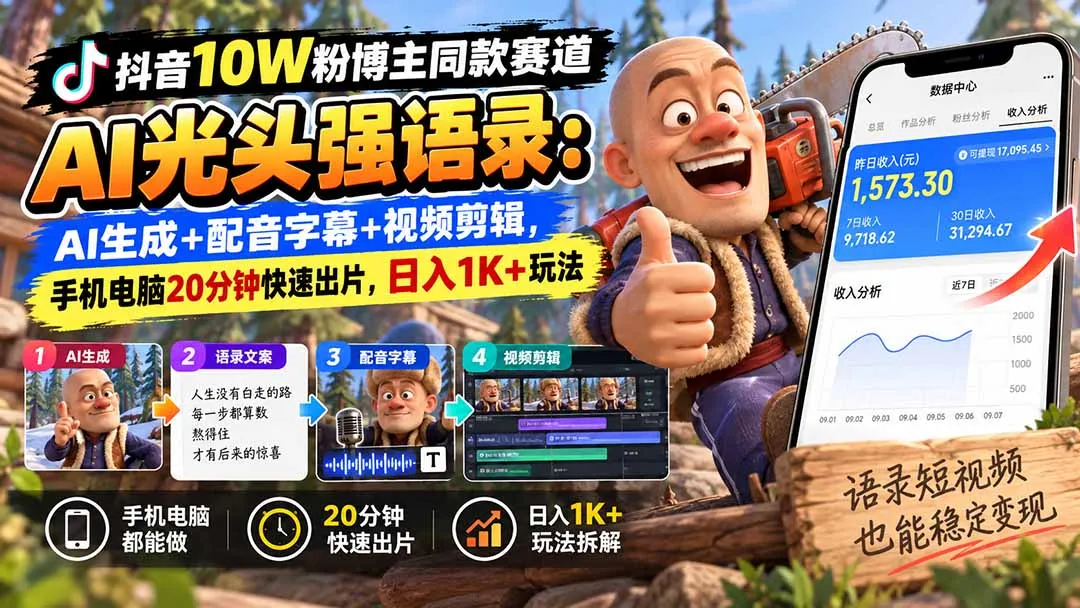 【无水印】抖音10W粉博主同款赛道AI光头强语录：AI生成+配音字幕+视频剪辑，手机电脑20分钟快速出片，日入1K+玩法-续财库