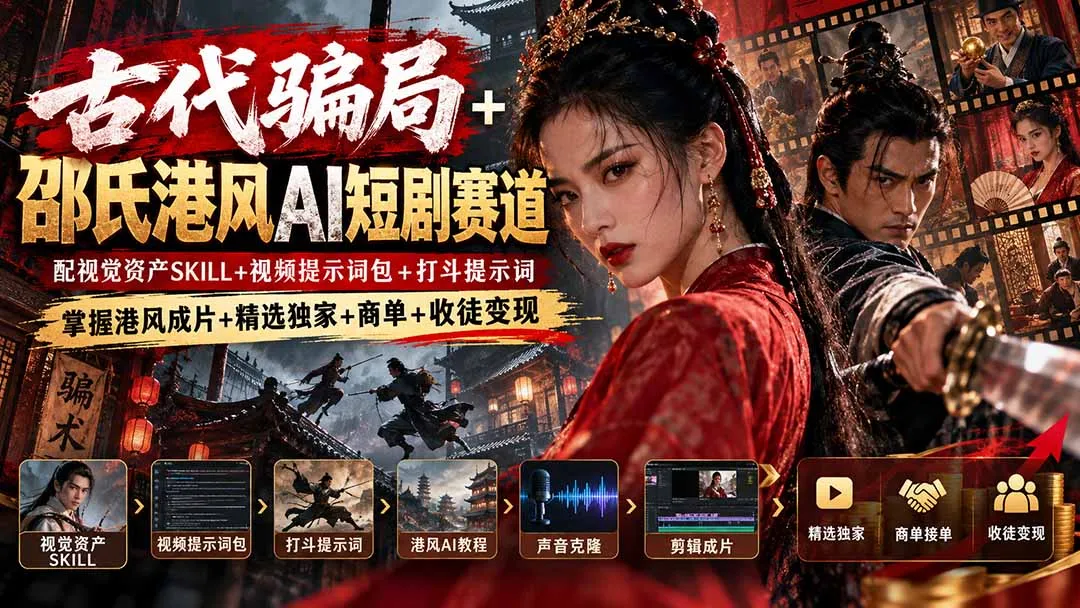 古代骗局+邵氏港风AI短剧赛道：配视觉资产SKILL+视频提示词包+打斗提示词，掌握港风成片+精选独家+商单+收徒变现-续财库