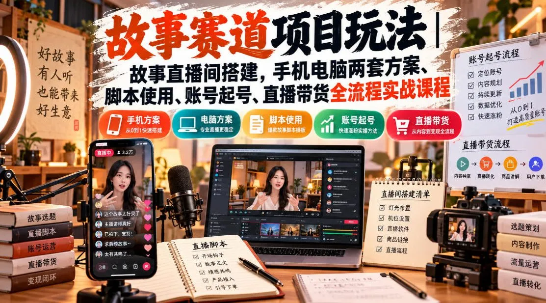 故事赛道项目玩法｜故事直播间搭建，手机电脑两套方案、脚本使用、账号起号、直播带货全流程实战课程-续财库