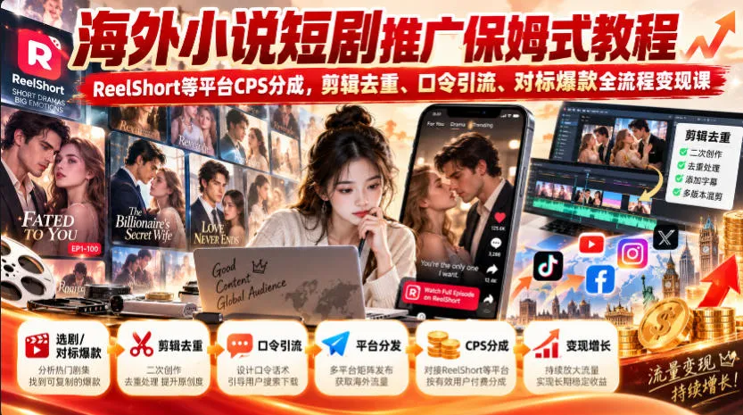 海外小说短剧推广保姆式教程|ReelShort等平台CPS分成,剪辑去重、口令引流、对标爆款全流程变现课-续财库