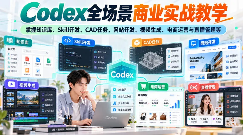 【无水印】Codex全场景商业实战教学，掌握知识库、Skill开发、CAD任务、网站开发、视频生成、电商运营与直播管理等-续财库