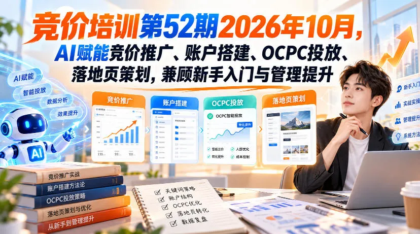 【无水印】竞价培训第52期2026年10月，AI赋能竞价推广、账户搭建、OCPC投放、落地页策划，兼顾新手入门与管理提升-续财库