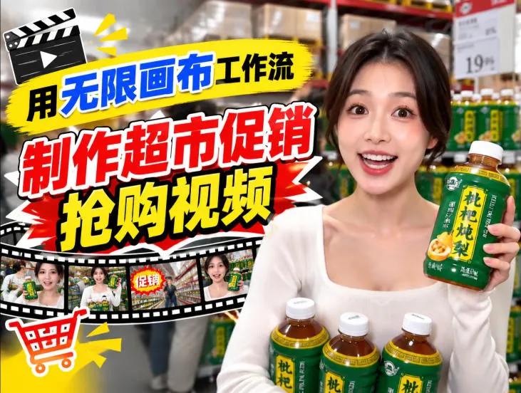 无限画布超市促销抢购视频工作流，一键产出TikTok抖音带货短视频-续财库