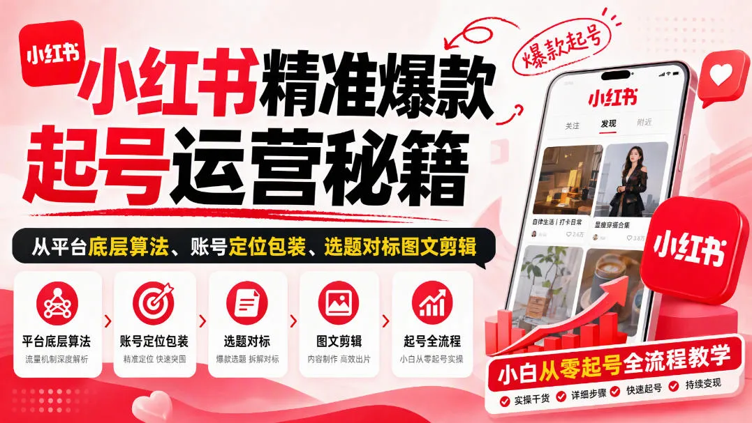 小红书精准爆款起号运营秘籍，从平台底层算法、账号定位包装、选题对标图文剪辑，小白从零起号全流程-续财库