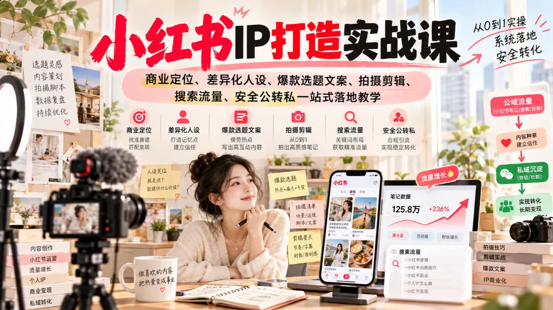 小红书ip打造实战课,商业定位、差异化人设、爆款选题文案、拍摄剪辑、搜索流量、安全公转私一站式落地教学-续财库
