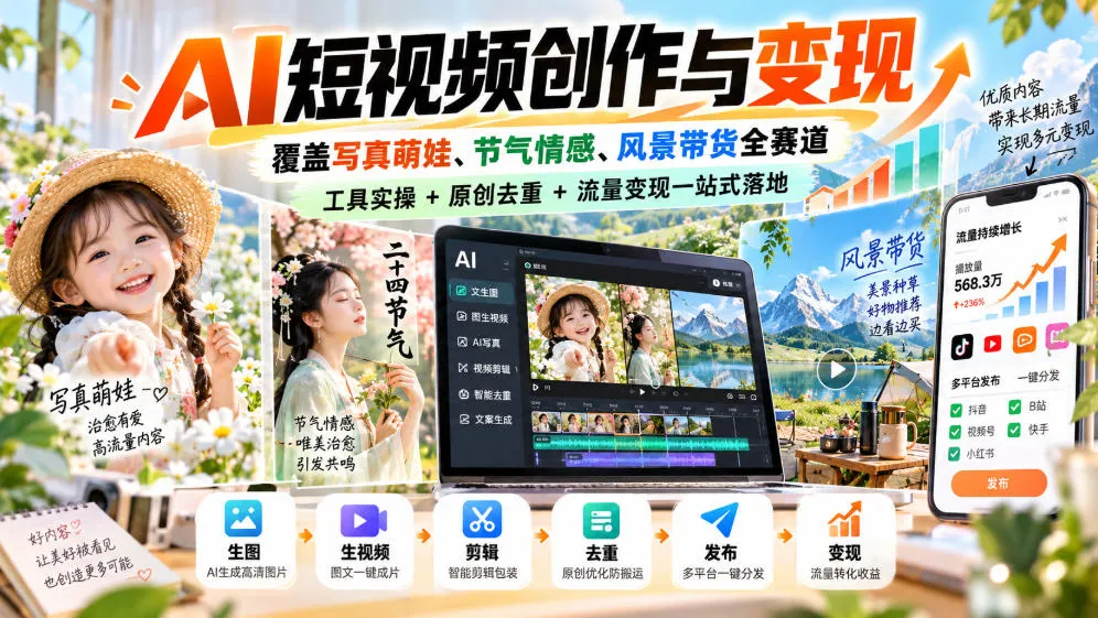 AI短视频创作与变现，覆盖写真萌娃、节气情感、风景带货全赛道，工具实操+原创去重+流量变现一站式落地-续财库