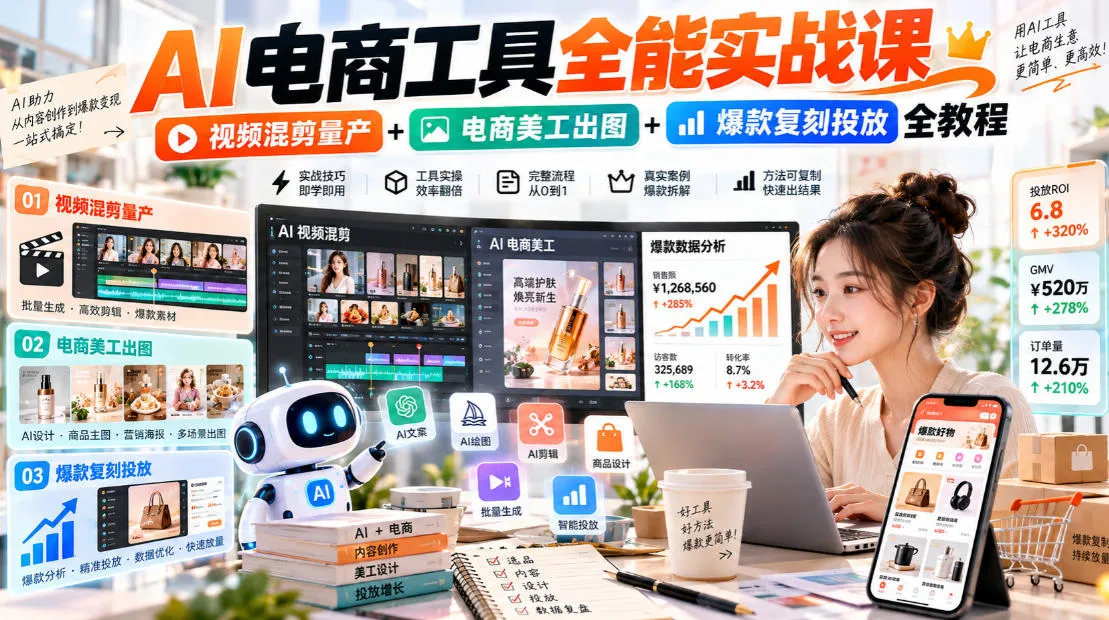 AI电商工具全能实战教学，视频混剪量产+电商美工出图+爆款复刻投放全教程​-续财库