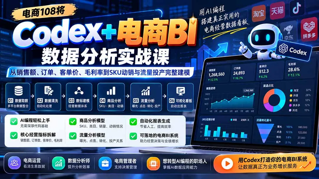 Codex+电商BI数据分析实战课-更新：从销售额、订单、客单价、毛利率到SKU动销与流量投产完整建模-续财库