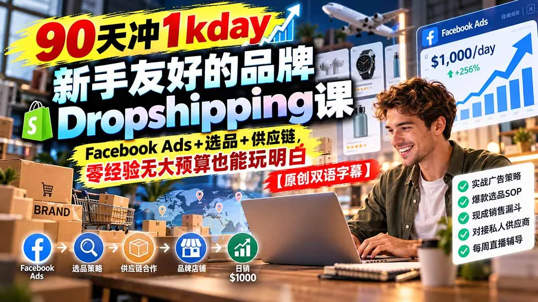 90天冲1kday 新手友好的品牌Dropshipping课：Facebook Ads+选品+供应链，零经验无大预算也能玩明白【原创双语字幕】-续财库