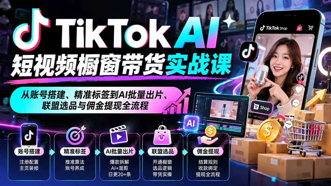 TikTok AI短视频橱窗带货实战课：从账号搭建、精准标签到AI批量出片、联盟选品与佣金提现全流程-续财库