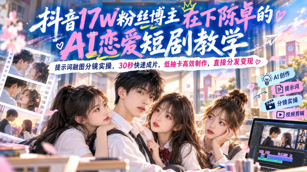 抖音17W粉丝博主在下陈卓的AI恋爱短剧教学，提示词融图分镜实操，30秒快速成片，低抽卡高效制作，直接分发变现-续财库
