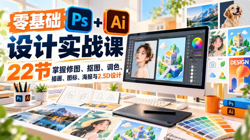 【无水印】零基础PS+AI设计实战课｜22节掌握修图、抠图、调色、插画、图标、海报与2.5D设计-续财库