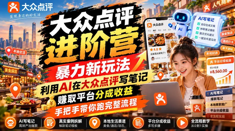 大众点评进阶营，暴力新玩法，利用AI在大众点评写笔记， 賺取平台分成收益，手把手带你跑完整流程-续财库