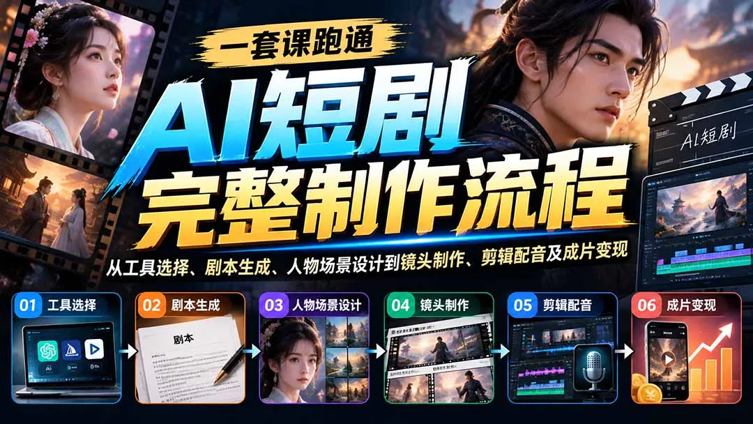 一套课跑通AI短剧完整制作流程：从工具选择、剧本生成、人物场景设计到镜头制作、剪辑配音及成片变现-续财库