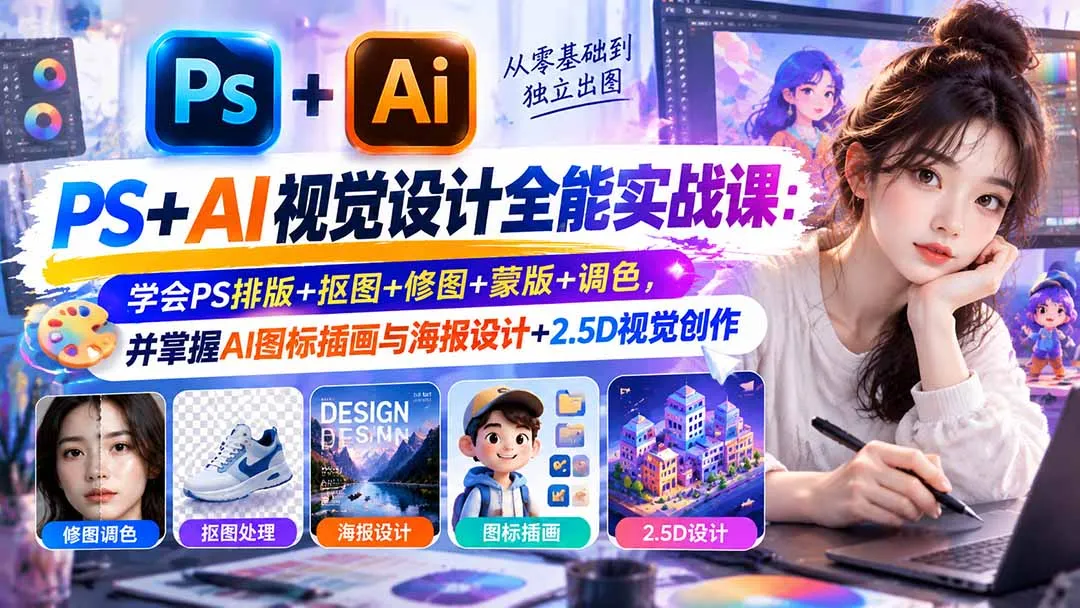 【无水印】PS+AI视觉设计全能实战课：学会PS排版+抠图+修图+蒙版+调色，并掌握AI图标插画与海报设计+2.5D视觉创作-续财库