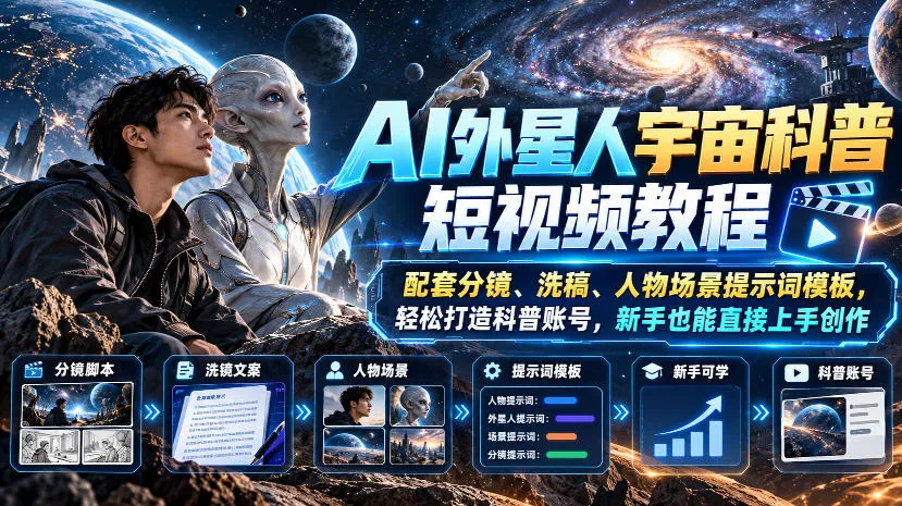 AI外星人宇宙科普短视频教程,配套分镜、洗稿、人物场景提示词模板,轻松打造科普账号,新手也能直接上手创作-续财库