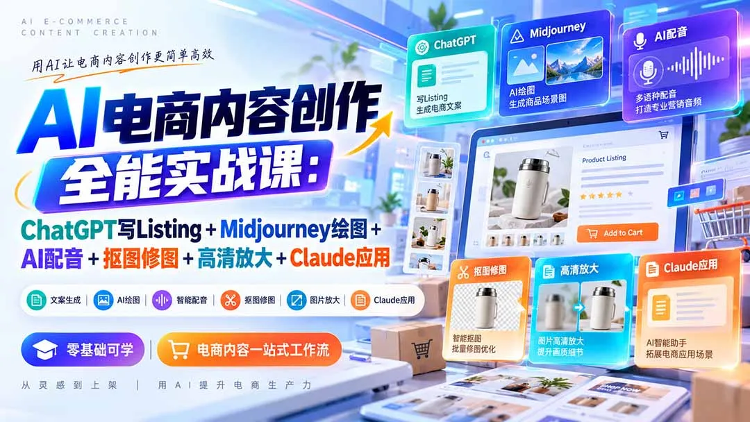 【无水印】AI电商内容创作全能实战课:ChatGPT写Listing+Midjourney绘图+AI配音+抠图修图+高清放大+Claude应用-续财库