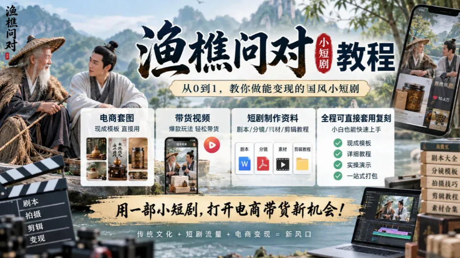 渔樵问对小短剧教程，包含电商套图、带货视频，短剧制作资料，全程可直接套用复刻-续财库