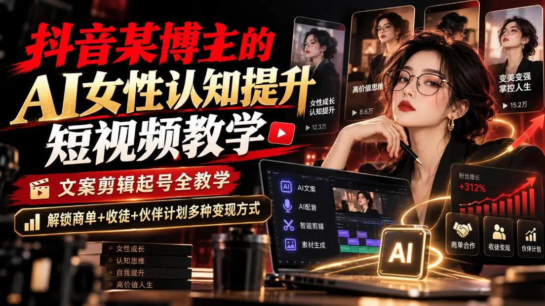 抖音某博主的Ai女性认知提升短视频教学，文案剪辑起号全教学，解锁商单+收徒+伙伴计划多种变现方式-续财库