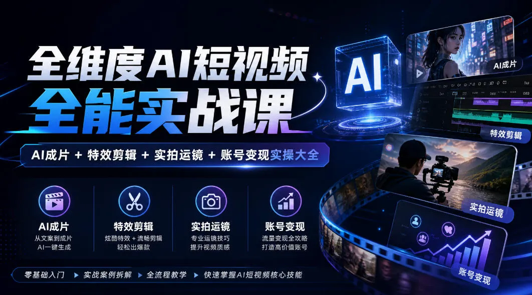 全维度AI短视频全能实战课,AI成片+特效剪辑+实拍运镜+账号变现实操大全-续财库
