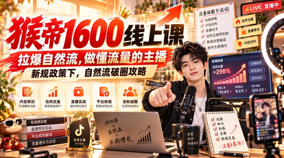 猴帝1600线上课，拉爆自然流，做懂流量的主播，新规政策下，自然流破圈攻略【更新261002】-续财库