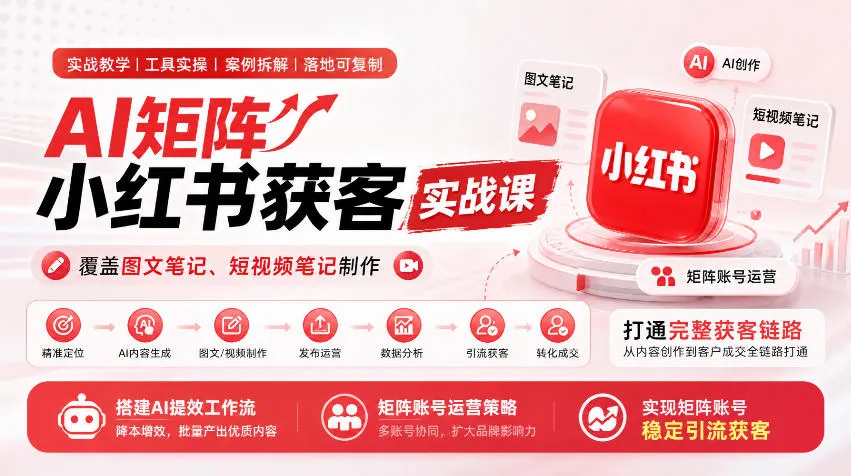 AI矩阵小红书获客实战课,覆盖图文笔记、短视频笔记制作,打通完整获客链路,搭建AI提效工作流,实现矩阵账号稳定引流获客-续财库