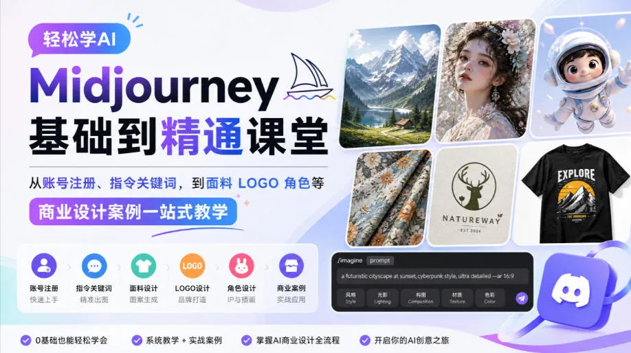 轻松学AI Midjourney基础到精通课堂,从账号注册、指令关键词,到面料LOGO角色等商业设计案例一站式教学-续财库