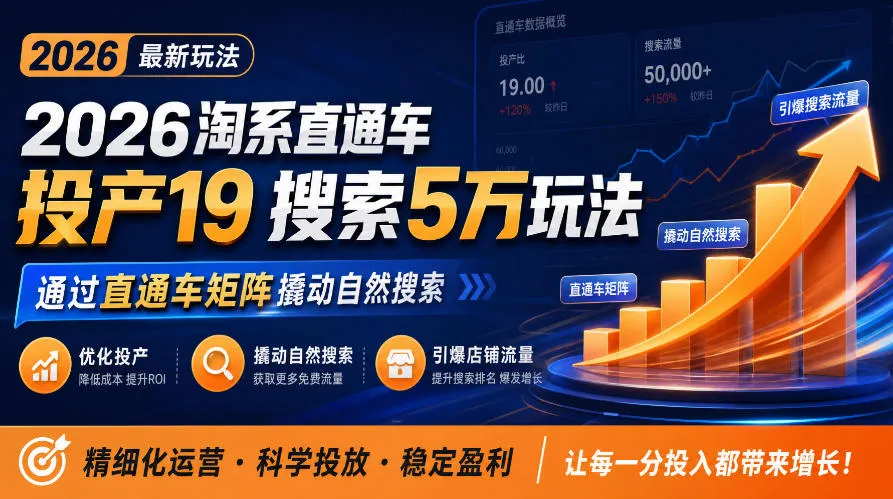 2026淘系直通车投产19搜索5万玩法，通过直通车矩阵撬动自然搜索，帮助商家优化投产，引爆店铺搜索流量-续财库