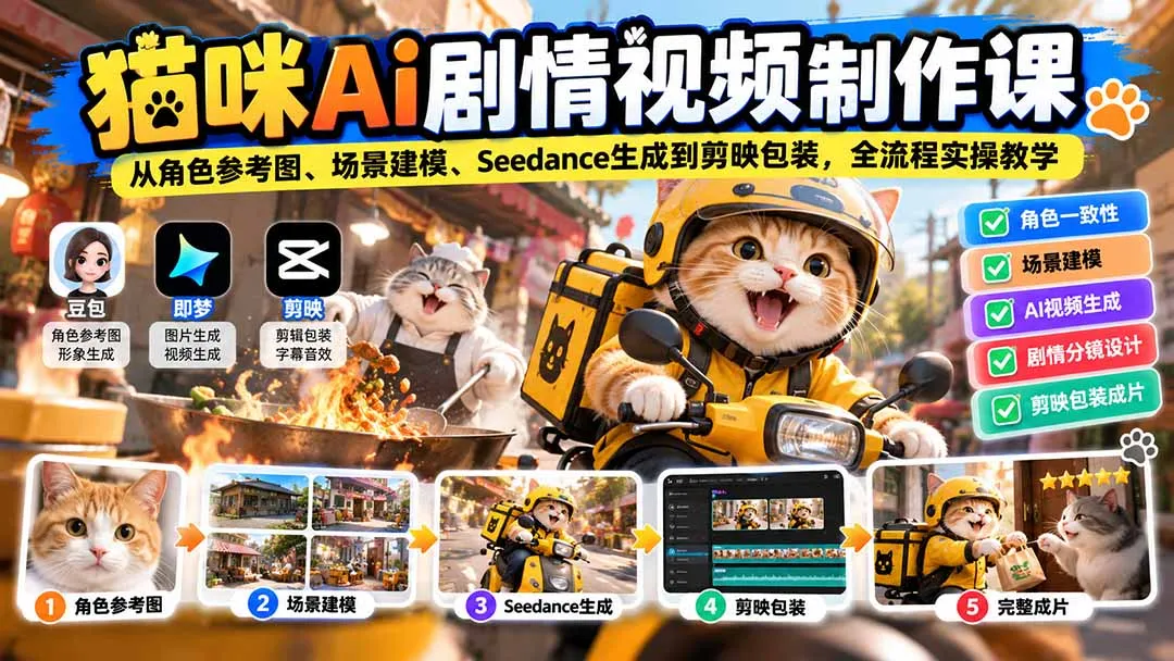 猫咪AI剧情视频制作课：从角色参考图、场景建模、Seedance生成到剪映包装，全流程实操教学-续财库