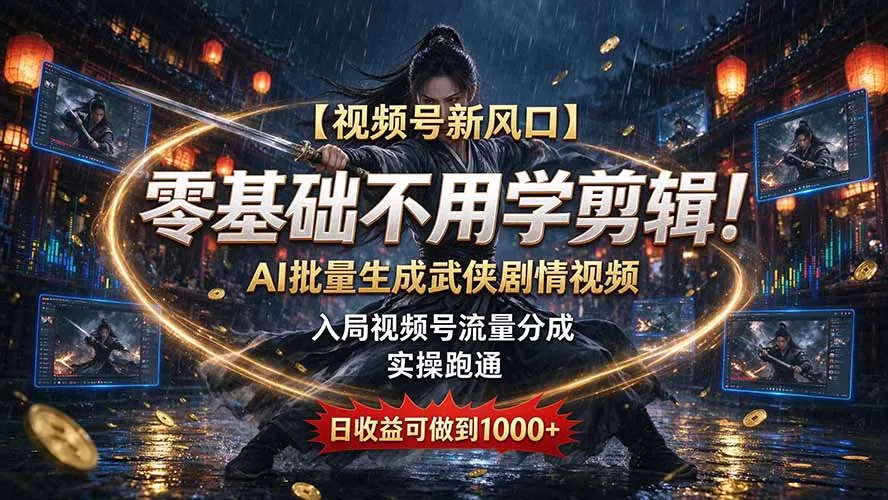 【视频号新风口】零基础不用学剪辑！AI 批量生成武侠剧情视频，入局视频号流量分成，实操跑通，日收益可做到 1000+-续财库