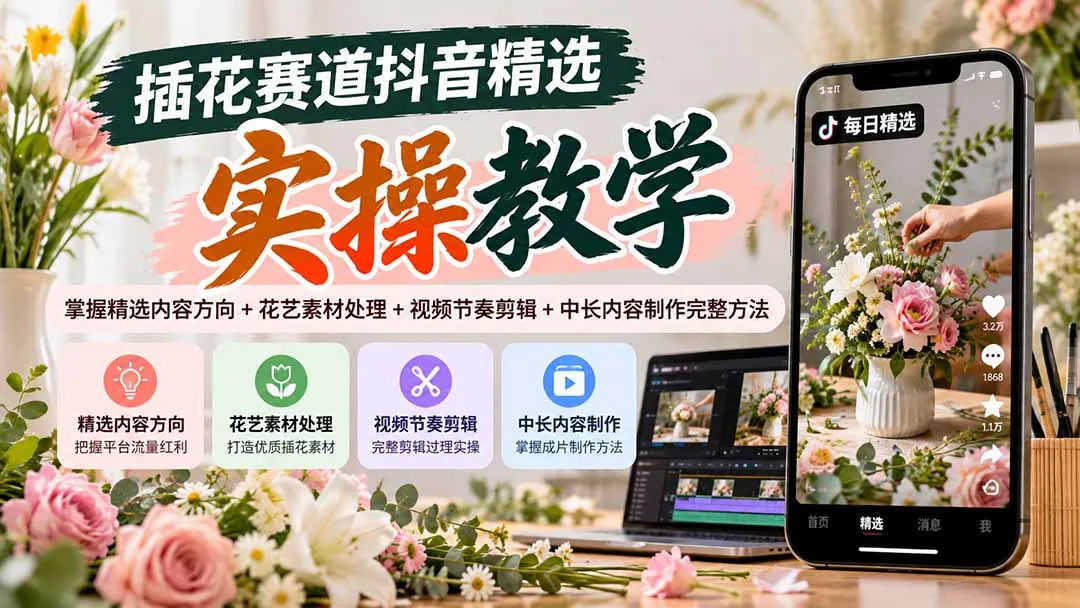 插花赛道抖音精选实操教学:掌握精选内容方向+花艺素材处理+视频节奏剪辑+中长内容制作完整方法-续财库