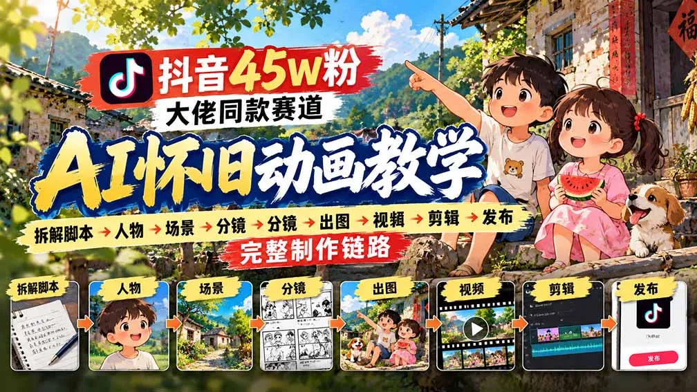 抖音45W粉大佬同款赛道AI怀旧动画教学：拆解脚本→人物→场景→分镜→出图→视频→剪辑→发布完整制作链路-续财库