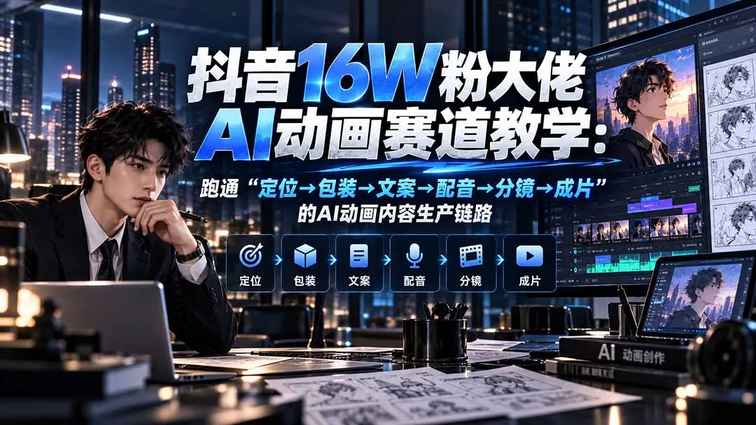 抖音16W粉大佬规则门禁AI动画赛道教学：跑通“定位→包装→文案→配音→分镜→成片”的AI动画内容生产链路-续财库