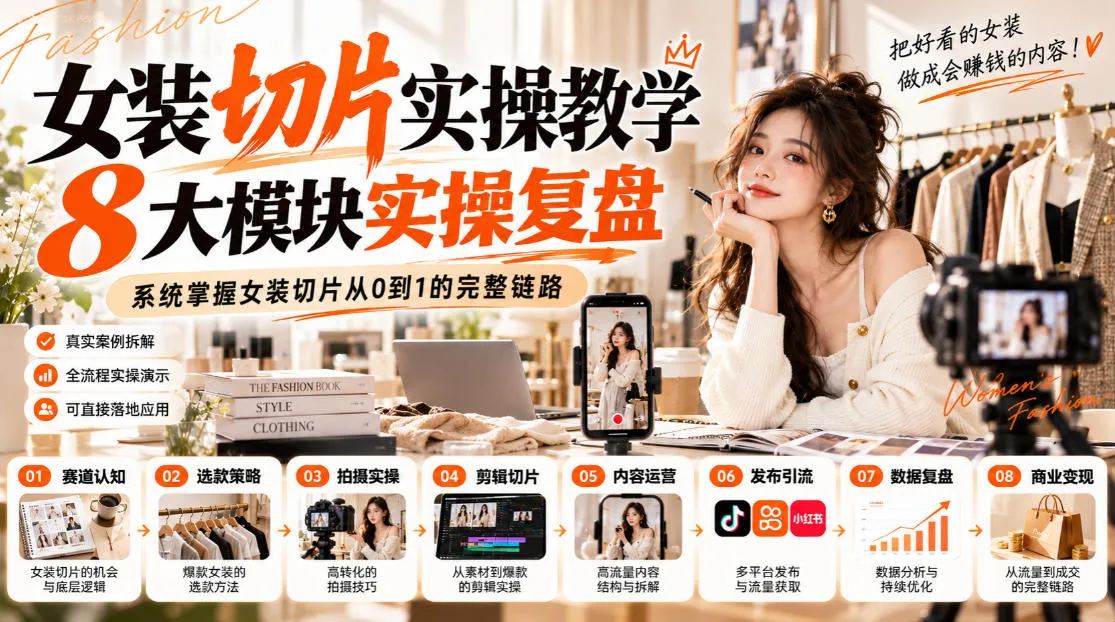 女装切片实操教学，8大模块实操复盘，系统掌握女装切片从0到1的完整链路-续财库