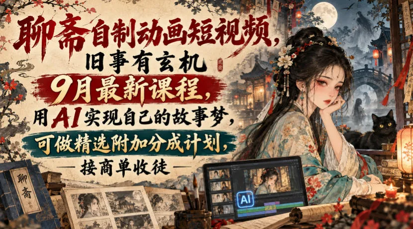 聊斋自制动画短视频，旧事有玄机9月最新课程，用AI实现自己的故事梦，可做精选附加分成计划，接商单收徒-续财库