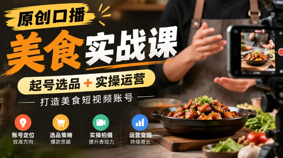 原创口播美食实战课，起号选品+实操运营，打造美食短视频账号-续财库