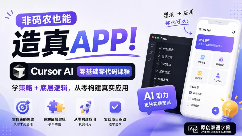 非码农也能造真APP！Cursor AI零基础零代码课程：学策略+底层逻辑，从零构建真实应用【原创双语字幕】-续财库