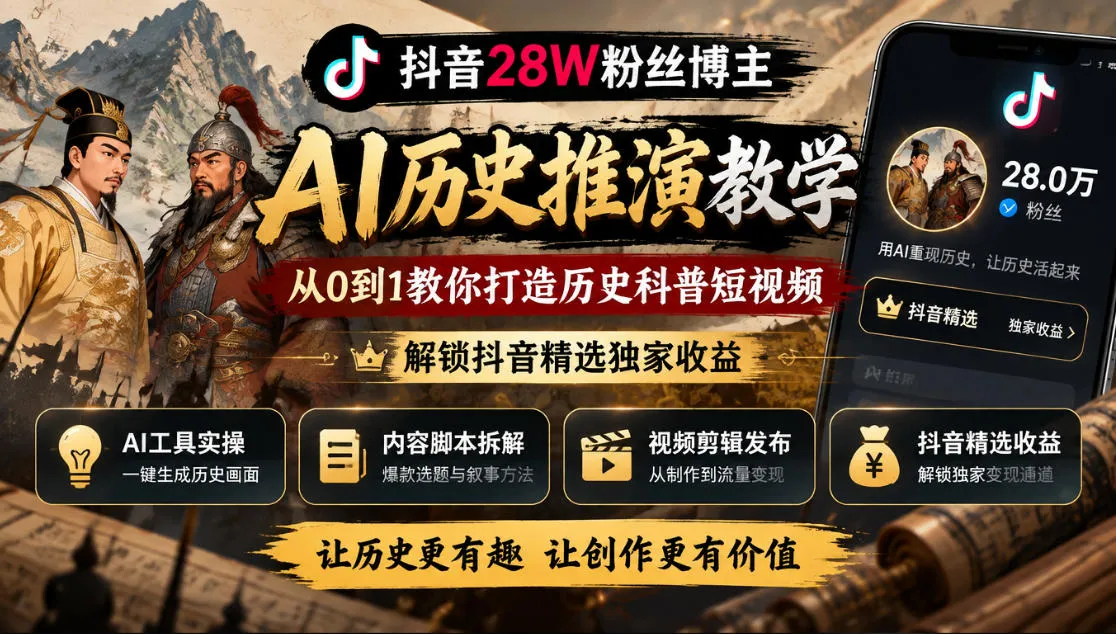 抖音28W粉丝博主的AI历史推演教学，从0到1教你打造历史科普短视频，解锁抖音精选独家收益-续财库
