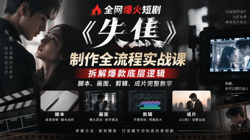 全网爆火短剧《失焦》制作全流程实战课｜拆解爆款底层逻辑，脚本、画面、剪辑、成片完整教学-续财库