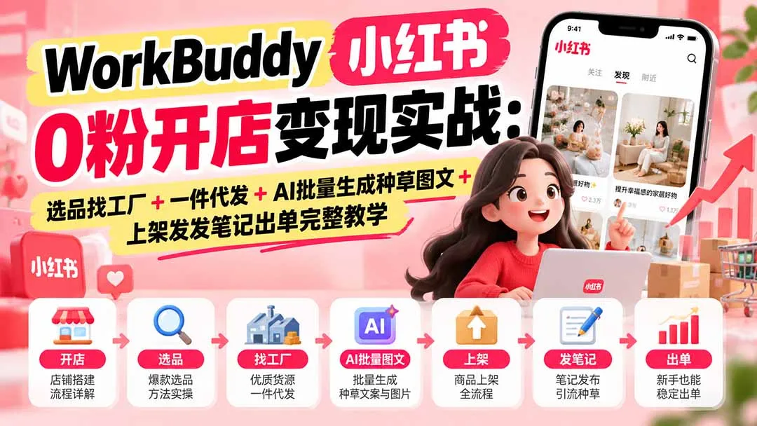WorkBuddy小红书0粉开店变现实战：选品找工厂+一件代发+AI批量生成种草图文+上架发发笔记出单完整教学-续财库