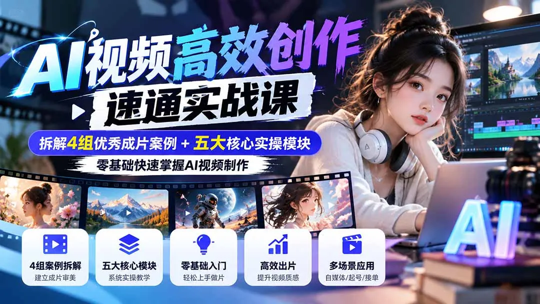 【无水印】AI视频高效创作速通实战课：拆解4组优秀成片案例+五大核心实操模块，零基础快速掌握AI视频制作-续财库