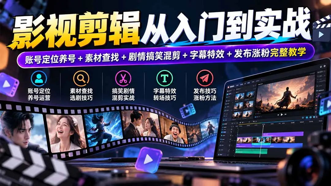 影视剪辑从入门到实战：账号定位养号+素材查找+剧情搞笑混剪+字幕特效+发布涨粉完整教学-续财库