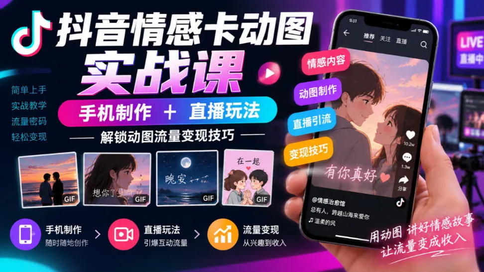 抖音情感卡动图实战课|手机制作+直播玩法,解锁动图流量变现技巧-续财库