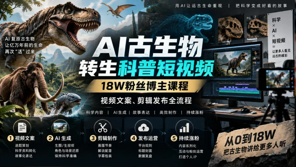 AI古生物转生科普短视频，18W粉丝博主课程，视频文案、剪辑发布全流程-续财库