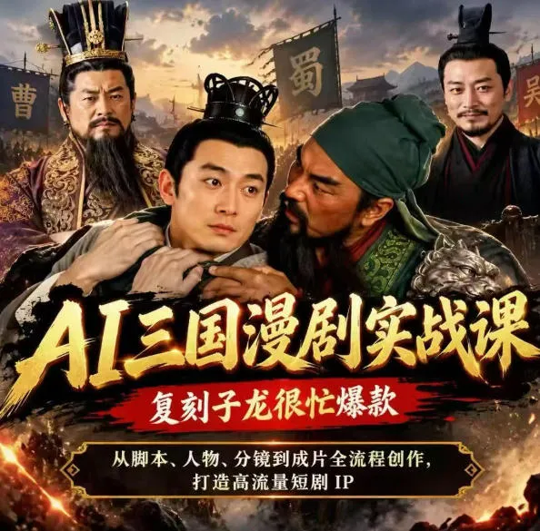 抖音14W粉博主同款AI三国漫剧实战课，复刻子龙很忙爆款，从脚本、人物、分镜到成片全流程创作，打造高流量短剧IP-续财库